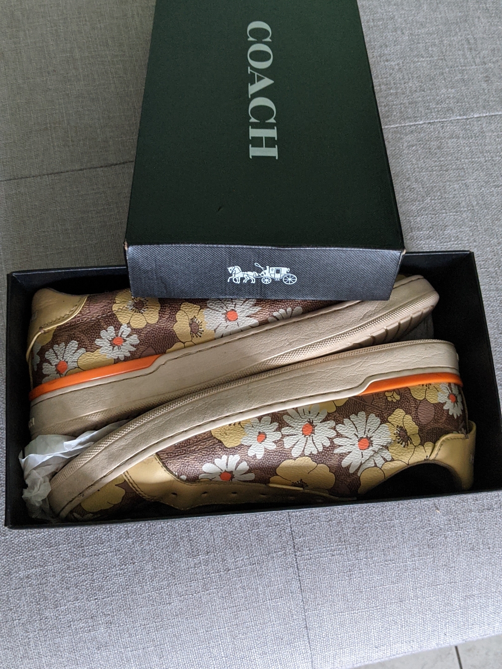 Coach Brown Floral Slip-On Sneakers with Yellow and Orange Accents